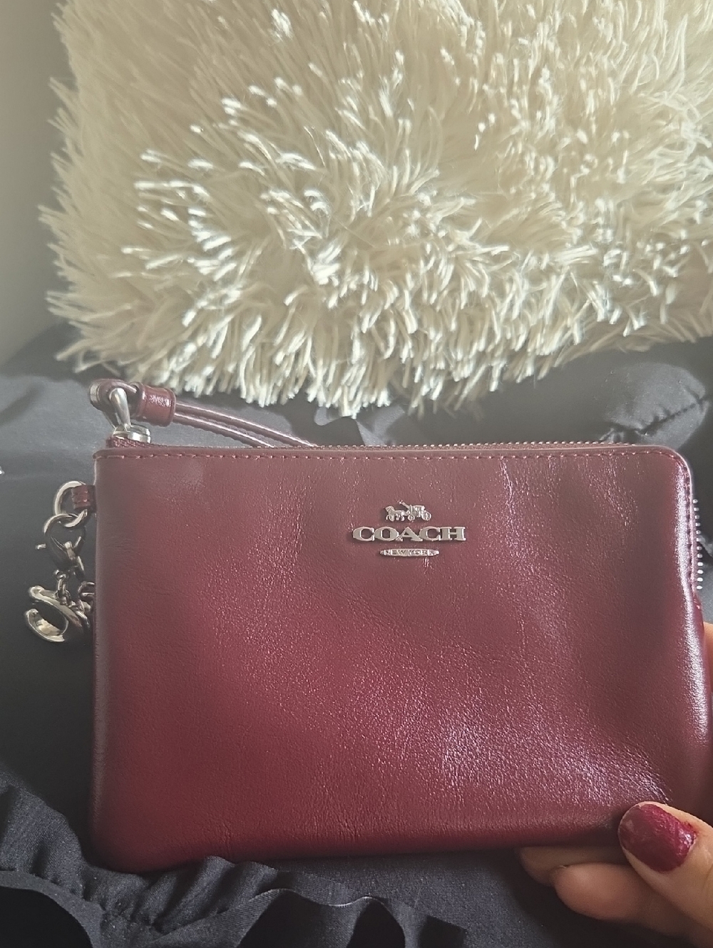 Coach Maroon Leather Wristlet Clutch with Silver Logo